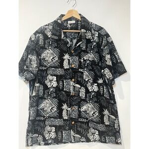 Ron Jon Surf Shop Button Up Shirt Black Hawaiian Tropical‎ Tiki Hibiscus Mens L
